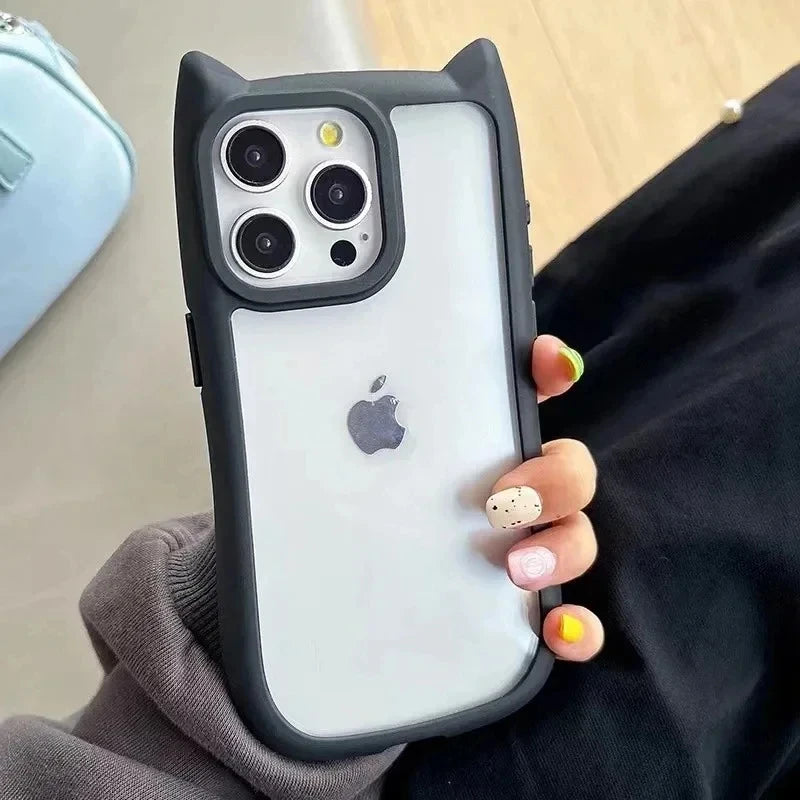 Soft Silicone Cute Cat Ear Phone Case For iPhone 16 17 13 15 14 12 11 Pro Max Air XS Max Funda Transparent Shockproof Back Cover