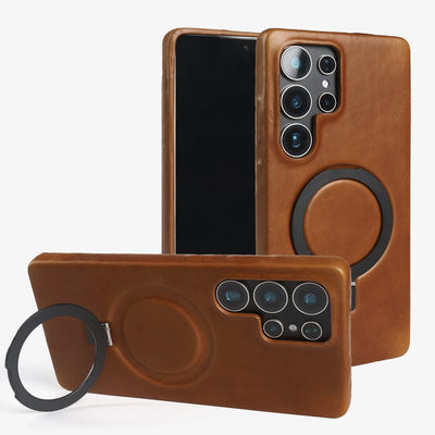 Luxury Magnetic Ring Genuine Leather Case for Samsung Galaxy S26 Ultra S24 S25edg S23 S22 S21 S20 S23 Stand Bracket Phone Cases