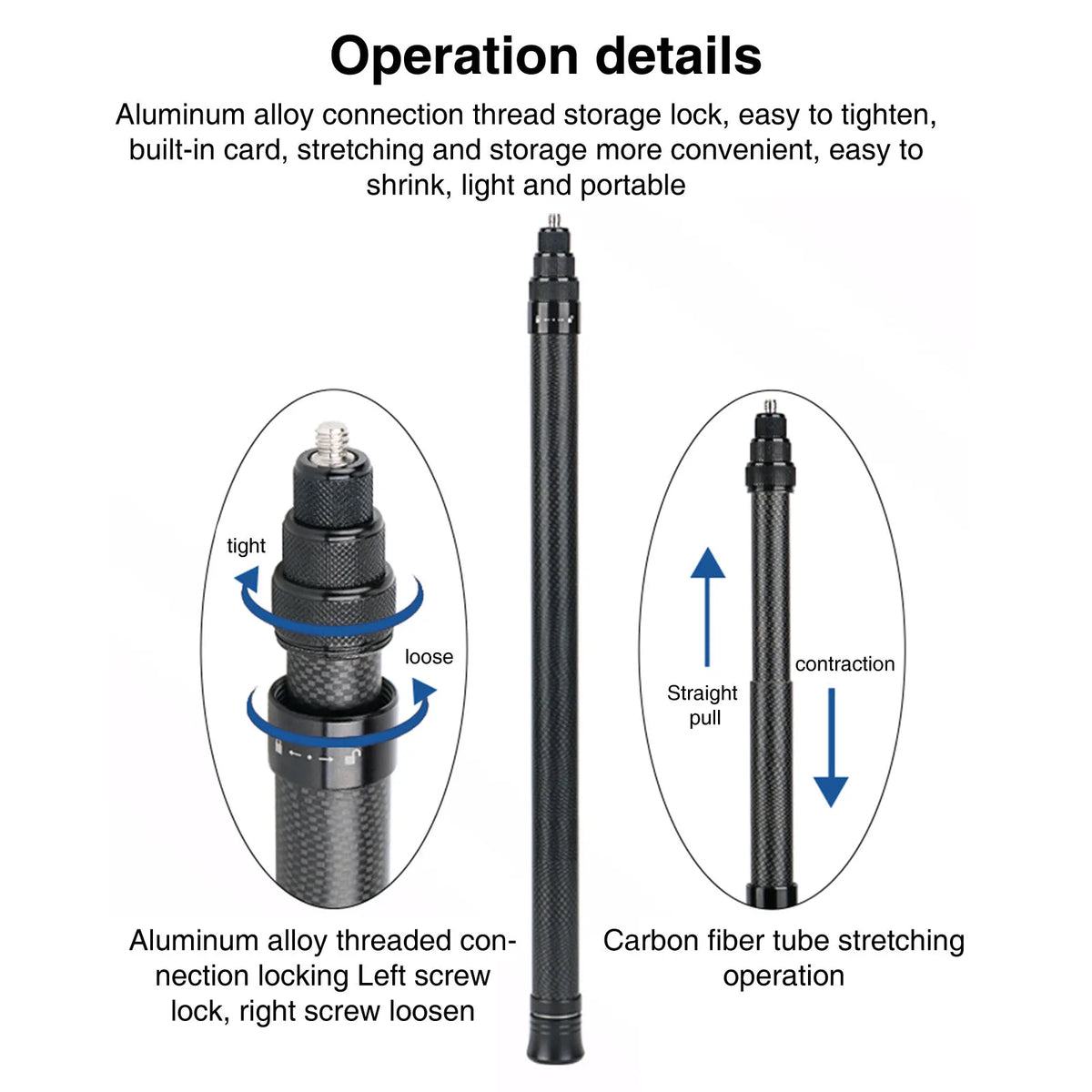 Carbon Fiber Selfie Stick for DJI Osmo Action Insta360 GoPro Action Camera Extended Sticks with 1/4" Hole for Tripod