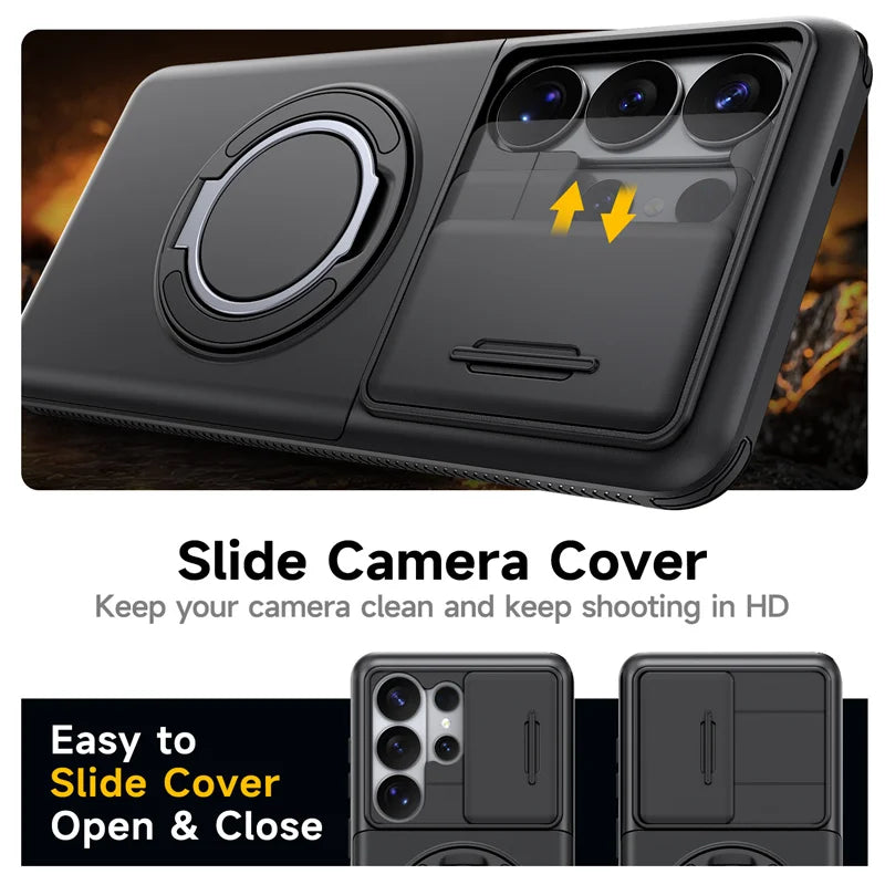 Slide Lens Card Slot Holder Cover Funda For Samsung Galaxy S22 S23 S26 Ultra S25 Plus S24 FE Case Armor Magnetic Holder Coque