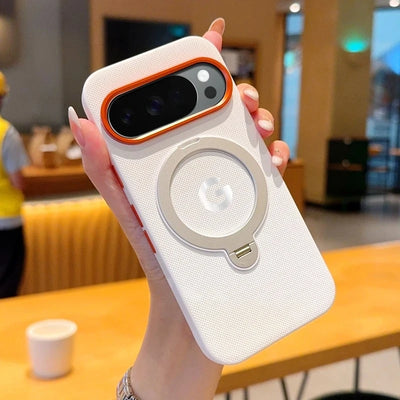 Busines Texture Woven Leather Magnetic Rotable Bracket Case For Google Pixel 11 Pro 10 Pro XL Alloy Button Lens Frame Back Cover