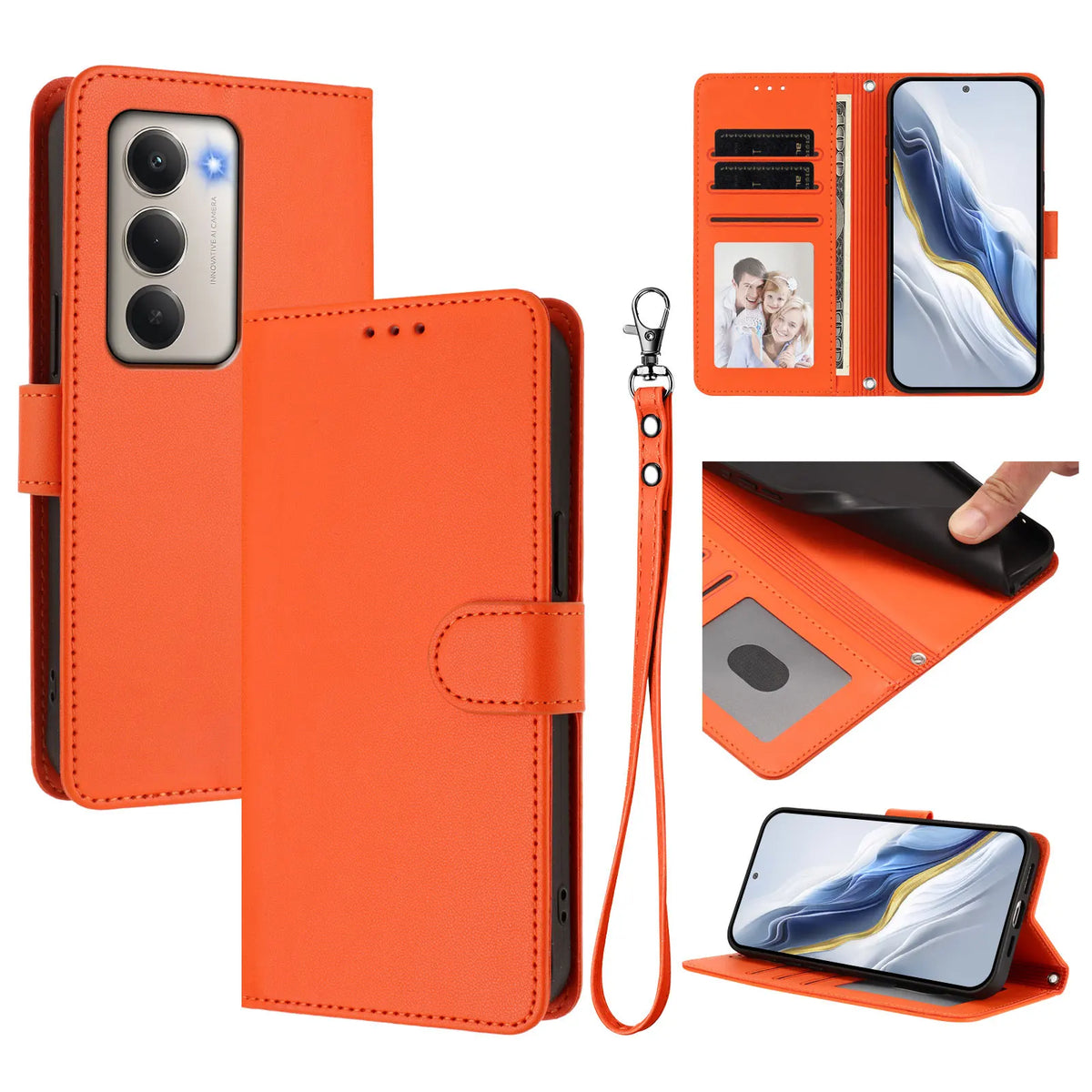 Solid Color Flip Wallet Leather Case For iPhone 17 13 14 15 16 12 Pro Max Air 16E 16 15 14 Plus 12 13 Mini Lanyard Back Cover