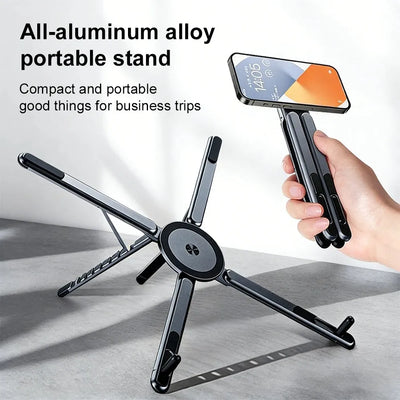 Portable Magnetic Phone Holder & Selfie Stick 3-in-1 Foldable Tripod Stand for iPhone iPad Tablet Laptop Desktop Use