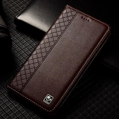 For APPLE iPhone 17 16 16E 15 14 Pro Max Air Plus Flip Case Grid Pattern Magnetic Cover Cowhide Genuine Leather Wallet Covers