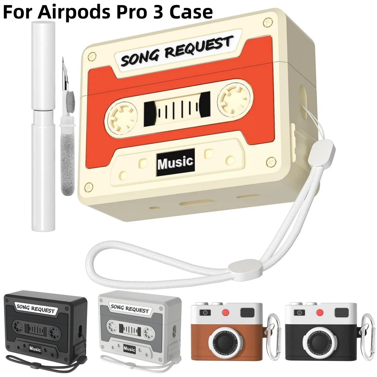 Cassette Tape Case for Airpods Pro 3 New Silicone Headphone Case Cover For Airpods Pro 3 Earbuds Case with Keychain&Cleaning Kit