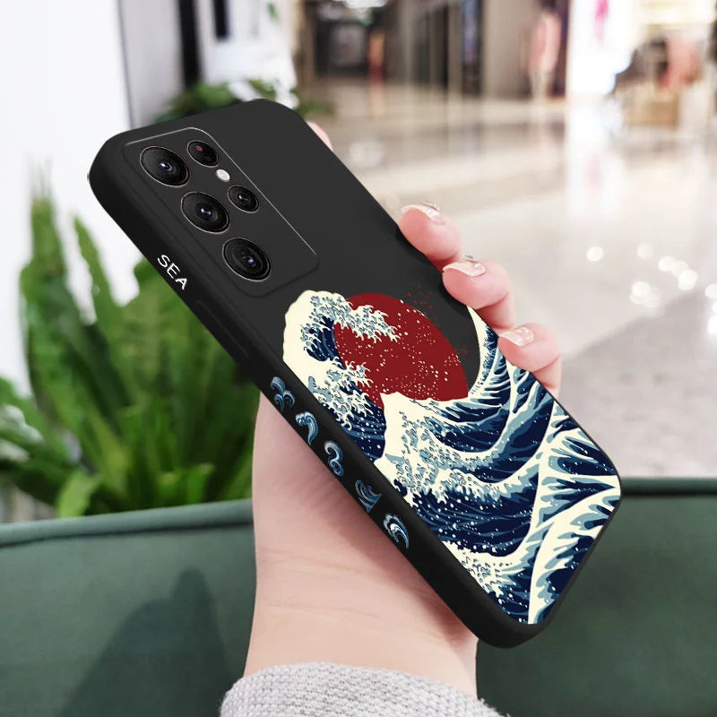 Red Sun Sea Waves Phone Case For Samsung Galaxy S25FE  S24 S23 S22 S21 S20 Ultra Plus FE S10 S9  Note 20 ultra 10 9 Plus Cover