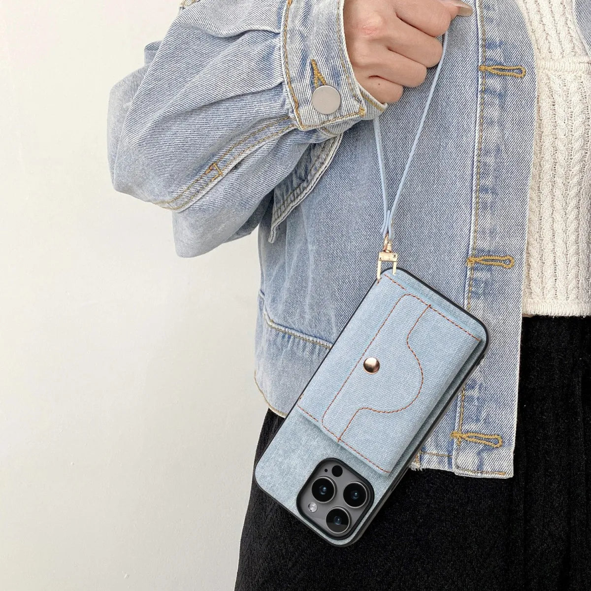 Denim Textured TPU+PU Leather Case for iPhone 12 13 14 15 11 16e Pro/Plus/ProMax Fashionable and Simple Rope Hanging Mirror Card