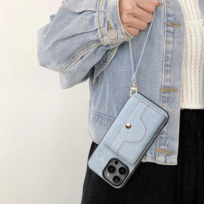 Denim Textured TPU+PU Leather Case for iPhone 12 13 14 15 11 16e Pro/Plus/ProMax Fashionable and Simple Rope Hanging Mirror Card