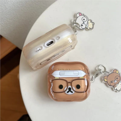 Korean Cute Rilakkuma Glasses Clear AirPods Case with Keychain for AirPods 1 2 3 4 Pro 2 Pro 3 Cute Shockproof Protective Cover