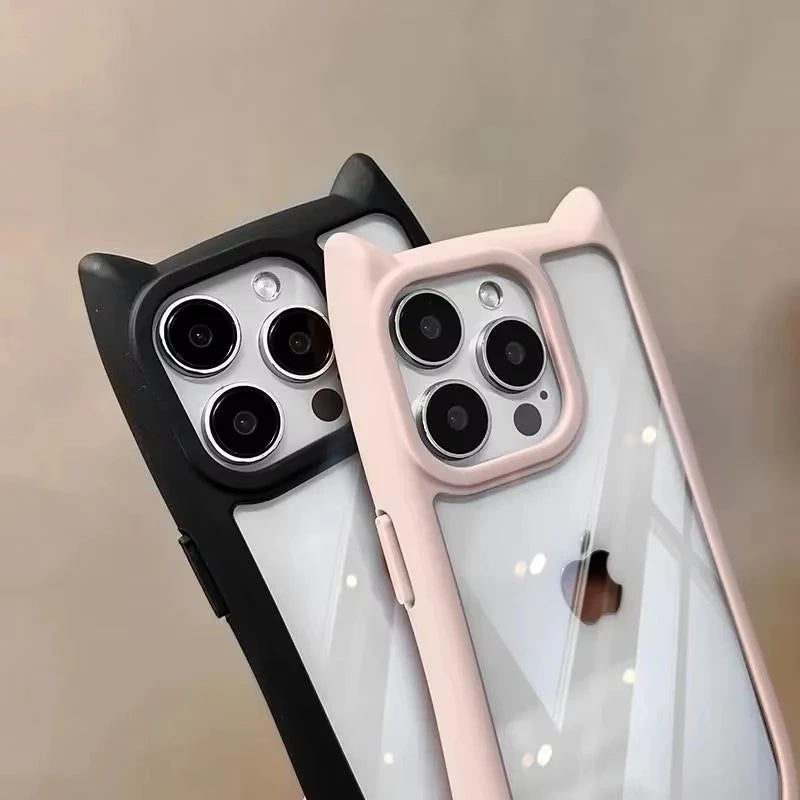 Soft Silicone Cute Cat Ear Phone Case For iPhone 16 17 13 15 14 12 11 Pro Max Air XS Max Funda Transparent Shockproof Back Cover