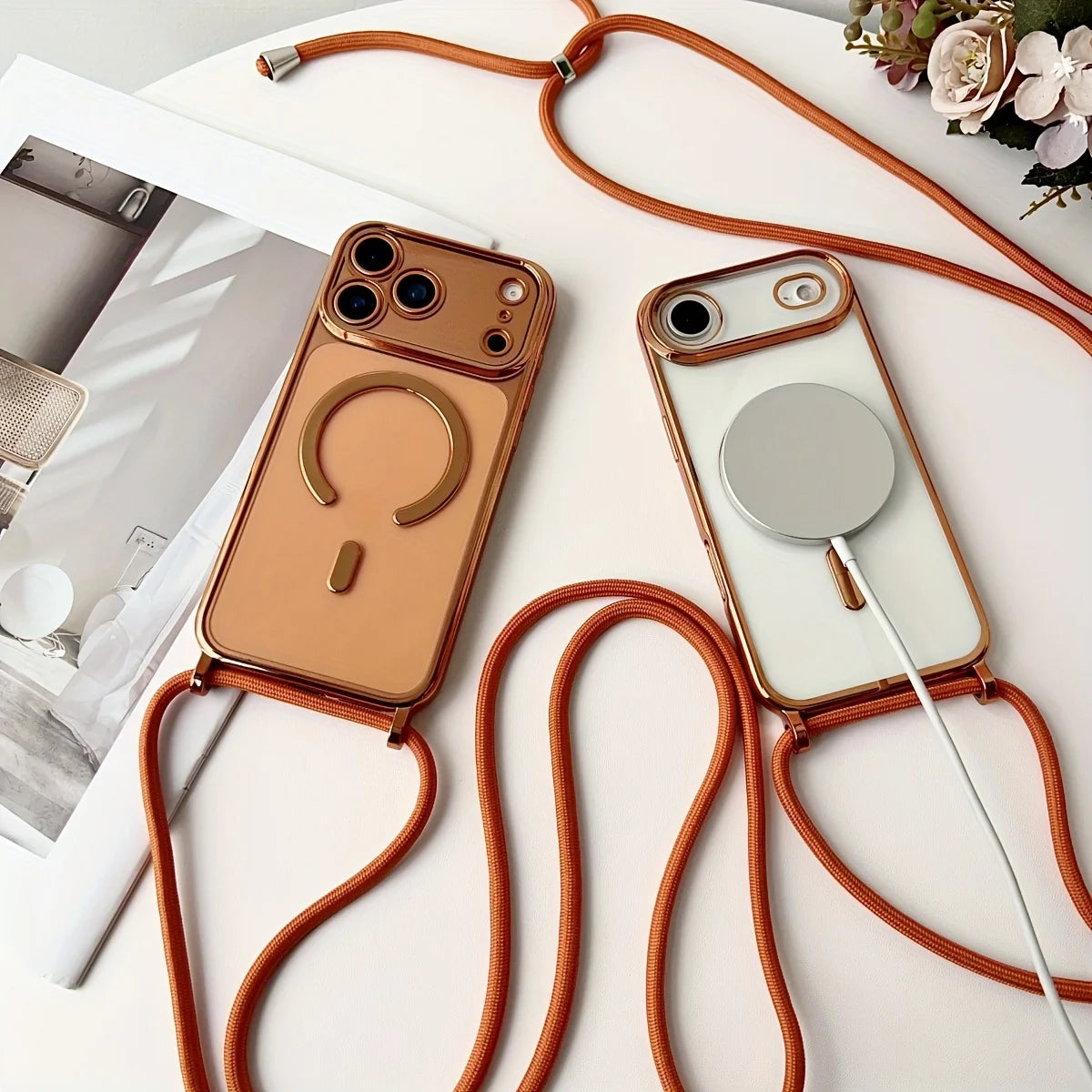 Luxury Necklace Cord Rope Lanyard Plating Magnetic Clear Phone Case For iPhone 17 16 14 12 13 15 Pro Max Air For Magsafe Cover
