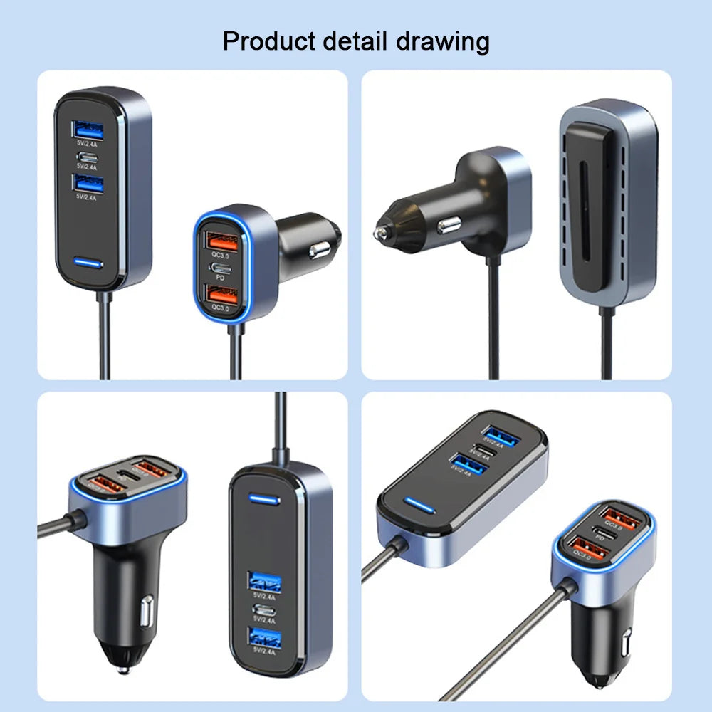 Car Charger USB C Adapter, 75.5W Car Charger 6-Port, High-Speed Car Accessories With Quick Charge PD 3.0 & 2.4A Dual Port, With 5FT Cable, For IPhone,For Android