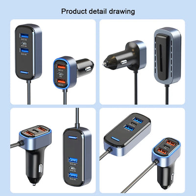 Car Charger USB C Adapter, 75.5W Car Charger 6-Port, High-Speed Car Accessories With Quick Charge PD 3.0 & 2.4A Dual Port, With 5FT Cable, For IPhone,For Android