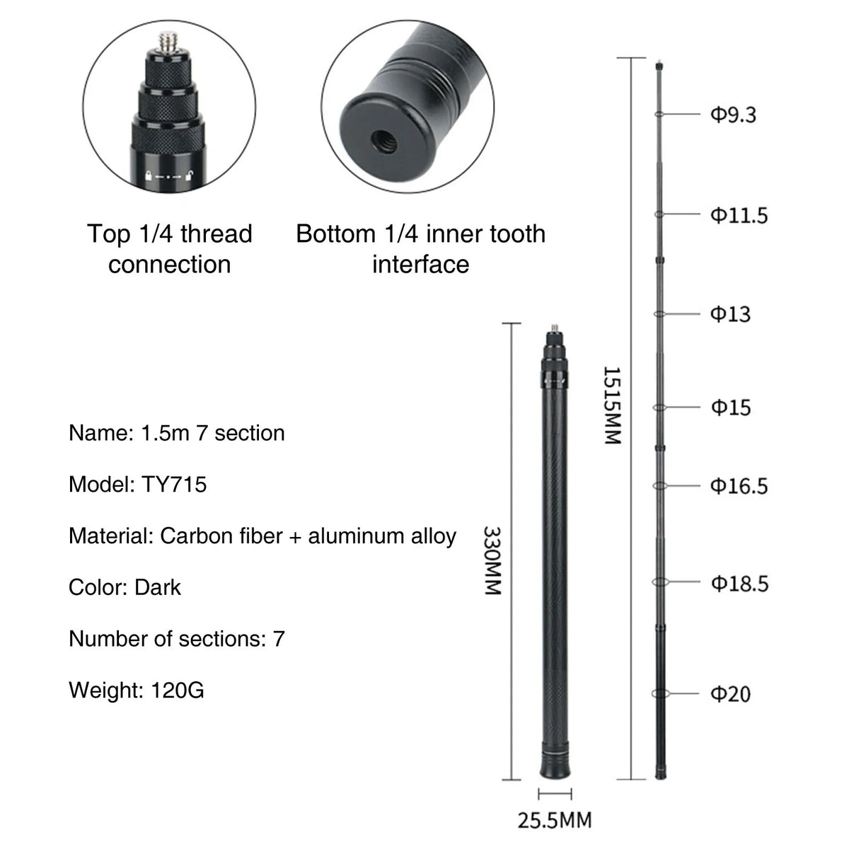 Carbon Fiber Selfie Stick for DJI Osmo Action Insta360 GoPro Action Camera Extended Sticks with 1/4" Hole for Tripod