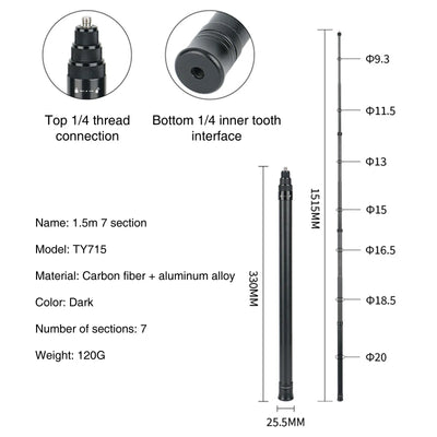 Carbon Fiber Selfie Stick for DJI Osmo Action Insta360 GoPro Action Camera Extended Sticks with 1/4" Hole for Tripod