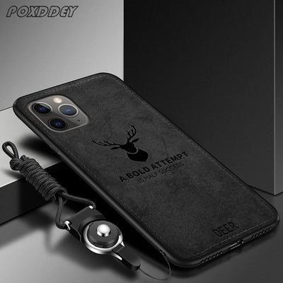 Lanyard Vintage Deer Print Phone Case For iPhone 17 Air 11 12 13 14 15 16 Pro Max Max Plus 16E PU Cloth Texture Mild Back Cover