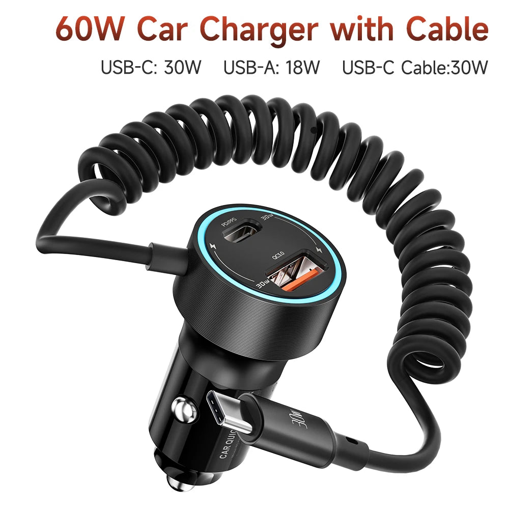 Toocki 60W USB Car Charger for Xiaomi Samsung LED Light PD QC3.0 Type C Fast Charging Charger with USB C Cable for iPhone 15 Pro