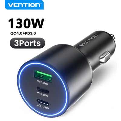Vention 130W Car Charger USB Type C QC 4.0 PPS PD 30W Fast Charging USB C Car Phone Charger for iPhone 16 15 Pro Samsung Macbook