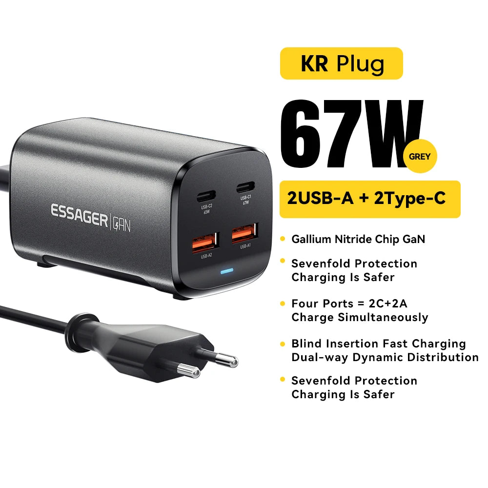 Essager 67W USB C GaN Charger Desktop Quick Charge 4.0 QC 3.0 PD Type C Fast Charging For MacBook Samsung POPC iPhone 15 Laptop