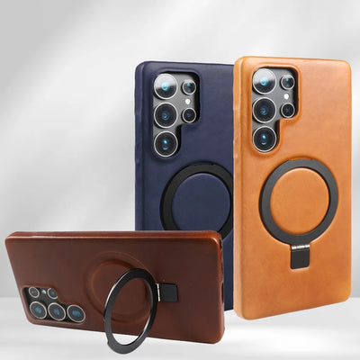 Luxury Magnetic Ring Genuine Leather Case for Samsung Galaxy S26 Ultra S24 S25edg S23 S22 S21 S20 S23 Stand Bracket Phone Cases