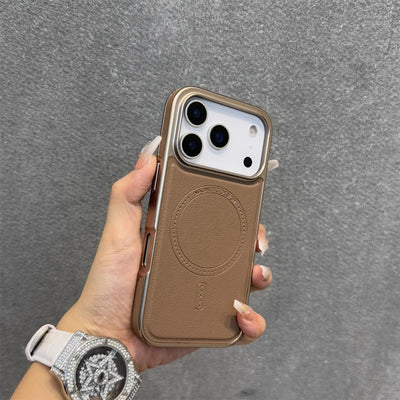 Luxury Leather Magnetic Phone Case for iPhone 17 16 15 Pro Max Plating Frame Original Business Magnets Charging Shockproof Cover