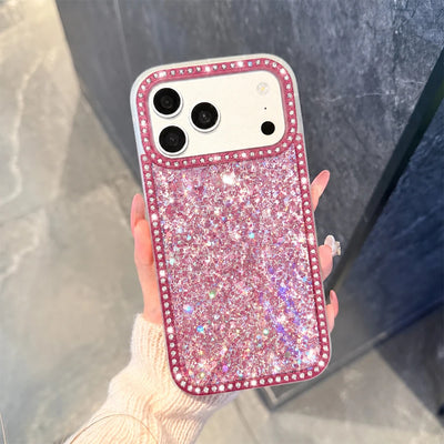 Luxury Sparkling Rhinestone Phone Case, Compatible with iPhone Air/17 Pro Max/16 Pro/15/14/13/12/11, Glitter Acrylic Back Cover, Solid Color Soft-Touch Frame, Large Camera Cutout Protective Case
