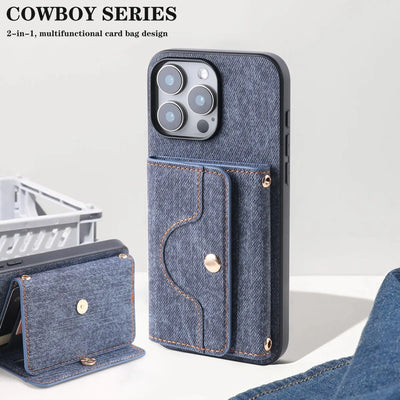 Denim Textured TPU+PU Leather Case for iPhone 12 13 14 15 11 16e Pro/Plus/ProMax Fashionable and Simple Rope Hanging Mirror Card