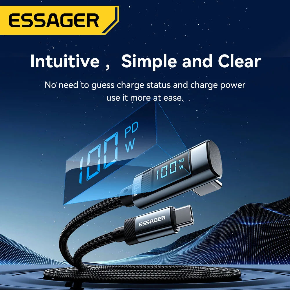 Essager PD100W USB C to Type C Cable Fast Charging Cable 90 Degree Elbow With Display For Iphone 15 Huawei Samsung Macbook Pro