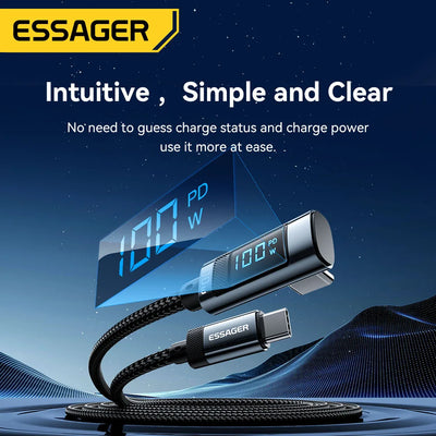 Essager PD100W USB C to Type C Cable Fast Charging Cable 90 Degree Elbow With Display For Iphone 15 Huawei Samsung Macbook Pro