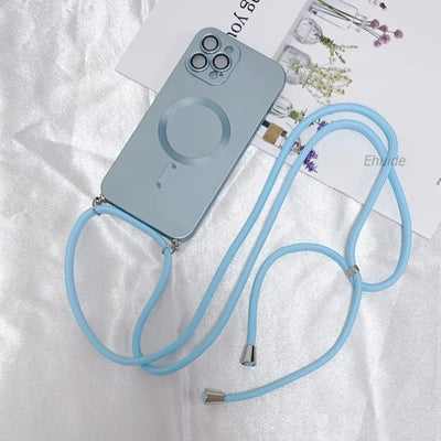 Metallic Paint Magnetic Case For Samsung Galaxy S26 S25 S24 S23 S22 Ultra FE Plus Wireless Crossbody Lanyard Strap Cover