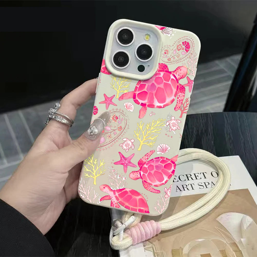 Wrist Strap Case For iPhone 18 13 14 Pro Max Cases iPhone 11 12 17 ProMax 13 15 Plus Coastal Sea Turtle With Lanyard Cover