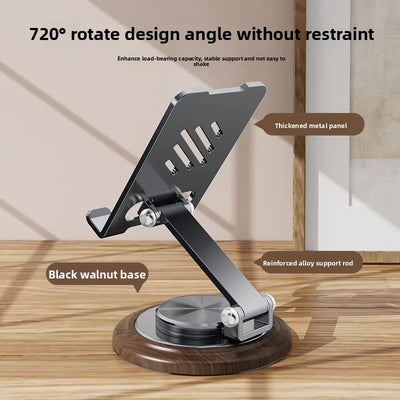 Black Walnut Wood Base Phone Holder Metal Stand 720° Rotating Foldable Desktop Stand Easy Storage for Mobile Phone Tablet Holder