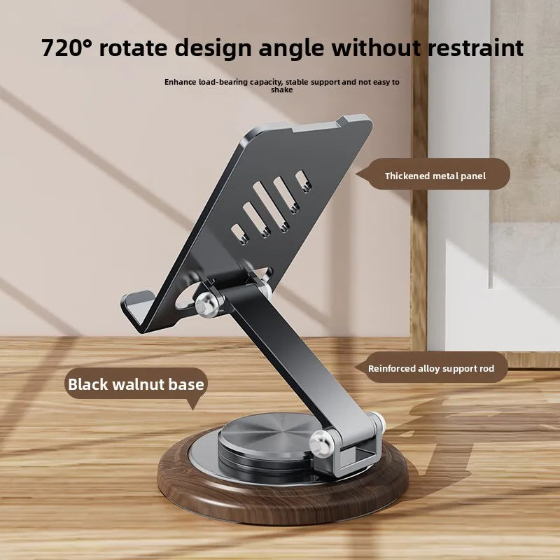 Black Walnut Wood Base Phone Holder Metal Stand 720° Rotating Foldable Desktop Stand Easy Storage for Mobile Phone Tablet Holder