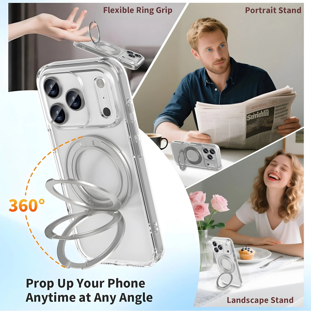 Magnetic Phone Case with 360° Rotating Ring Stand,Shockproof, Anti-Yellowing, Clear Case Crystal Clear to Show Original Color,Compatible with iPhone 17 Pro Max,16 Pro,15,14,13 Series,Perfect Gift with Wireless Charging Suppo