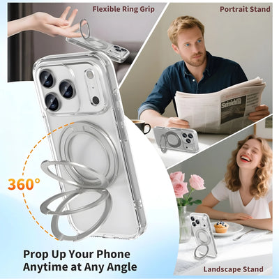 Magnetic Phone Case with 360° Rotating Ring Stand,Shockproof, Anti-Yellowing, Clear Case Crystal Clear to Show Original Color,Compatible with iPhone 17 Pro Max,16 Pro,15,14,13 Series,Perfect Gift with Wireless Charging Suppo