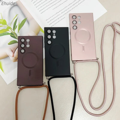 Metallic Paint Magnetic Case For Samsung Galaxy S26 S25 S24 S23 S22 Ultra FE Plus Wireless Crossbody Lanyard Strap Cover