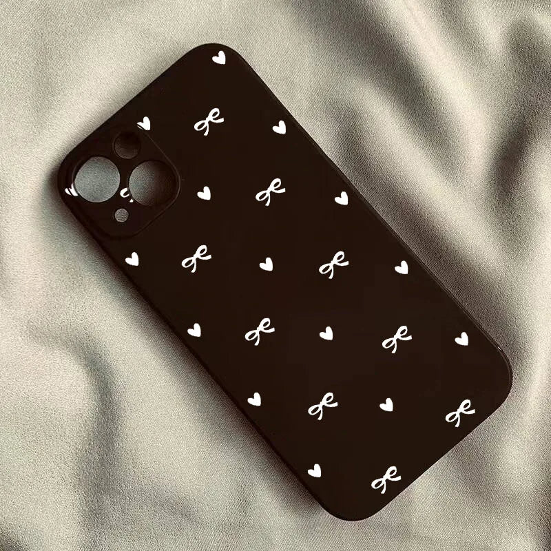 INS Korean Cute Love Heart Bow Phone Case for iPhone 17 16 15 14 13 12 11 Pro Max Mini X XS XR 7 8 Plus SE 16E Shockproof Cover