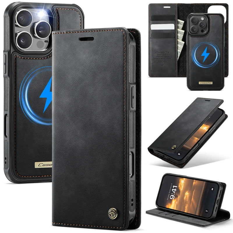 Magnetic Flip Leather Phone Case for iPhone 17 Pro Max 17E Air 16 Plus 15 14 13 12 11 Wireless Charging Wallet Cards Cover Coque