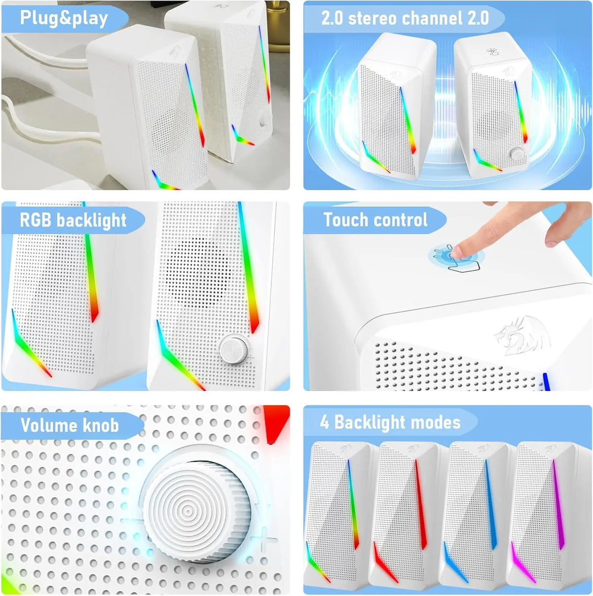 Redragon GS510 RGB Desktop Speakers, 2.0 Channel PC Computer Speaker with 4 Colorful LED Backlight Modes