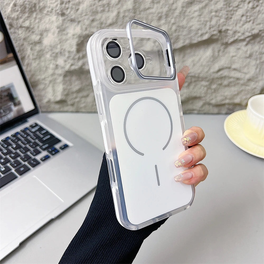Magnetic Lens Bracket Phone Case For iPhone 17 16 15 14 13 12 11 Pro Max XR XS For Magsafe Hard Acrylic Shockproof Bumper Cover