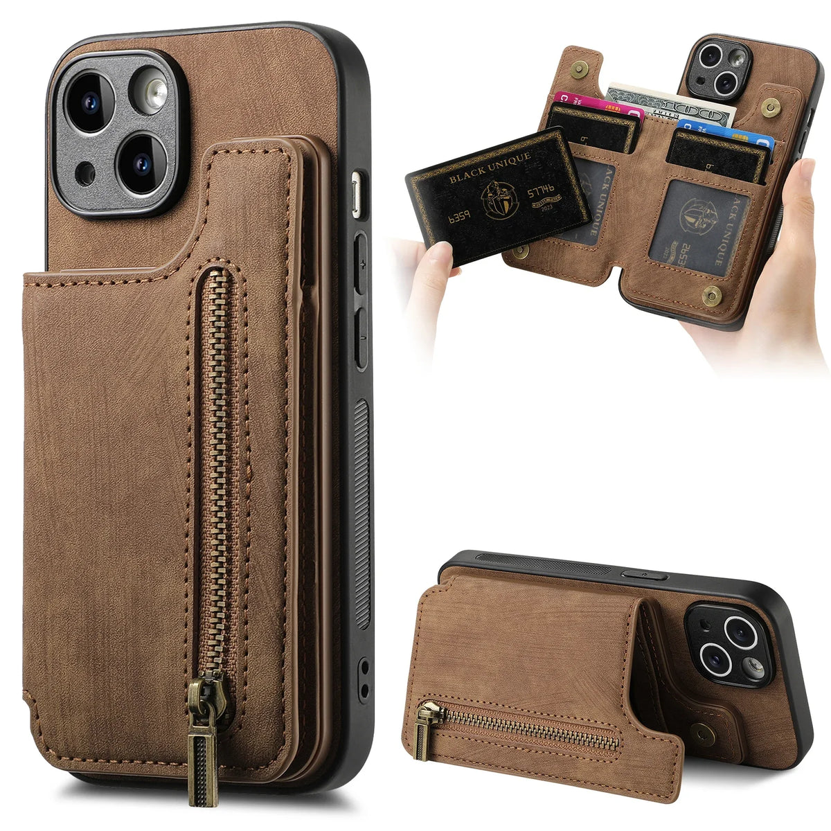 Zipper Card Solt Wallet Leather Case For iPhone 16 Pro Max 17 Air 15 14 Plus 13 12 11 Se2022 Pocket Magnetic Double Buckle Cover