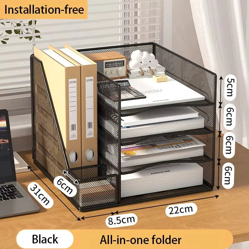 Desk Organizer with File Holder, Desk Organizers with 3 Tier Letter Trays and 2 Pen Holders, Mesh Desk Accessories & Workspace