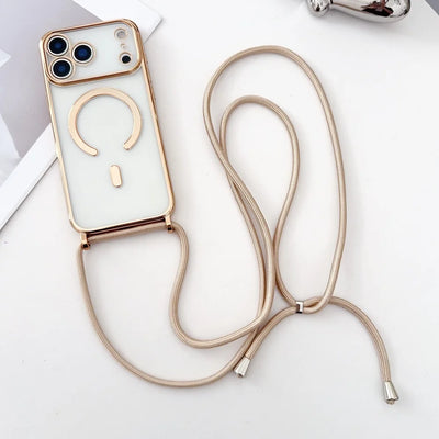 Luxury Necklace Cord Rope Lanyard Plating Magnetic Clear Phone Case For Iphone 17 16 14 11 12 13 15 Pro Max For Magsafe Cover