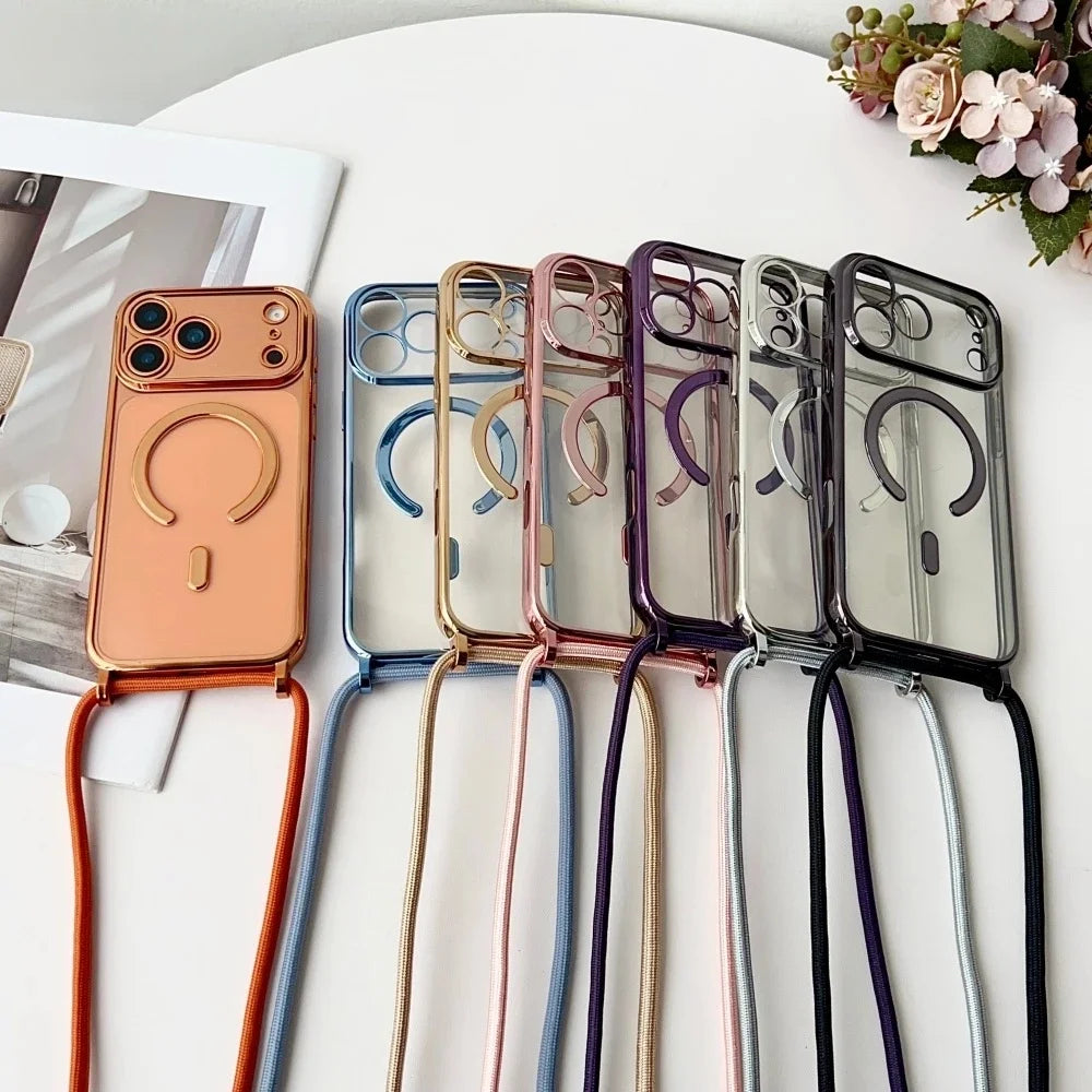 Luxury Necklace Cord Rope Lanyard Plating Magnetic Clear Phone Case For Iphone 17 16 14 11 12 13 15 Pro Max For Magsafe Cover