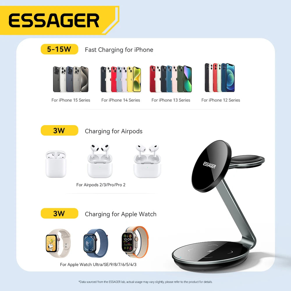 Essager 3 in 1 Magnetic Wireless Charger Bracket for Apple Watch Airpods 15W Fast Charge Dock Station for iPhone 15 14 13 12 Pro