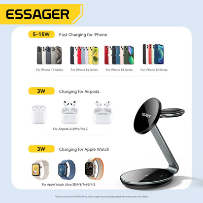 Essager 3 in 1 Magnetic Wireless Charger Bracket for Apple Watch Airpods 15W Fast Charge Dock Station for iPhone 15 14 13 12 Pro