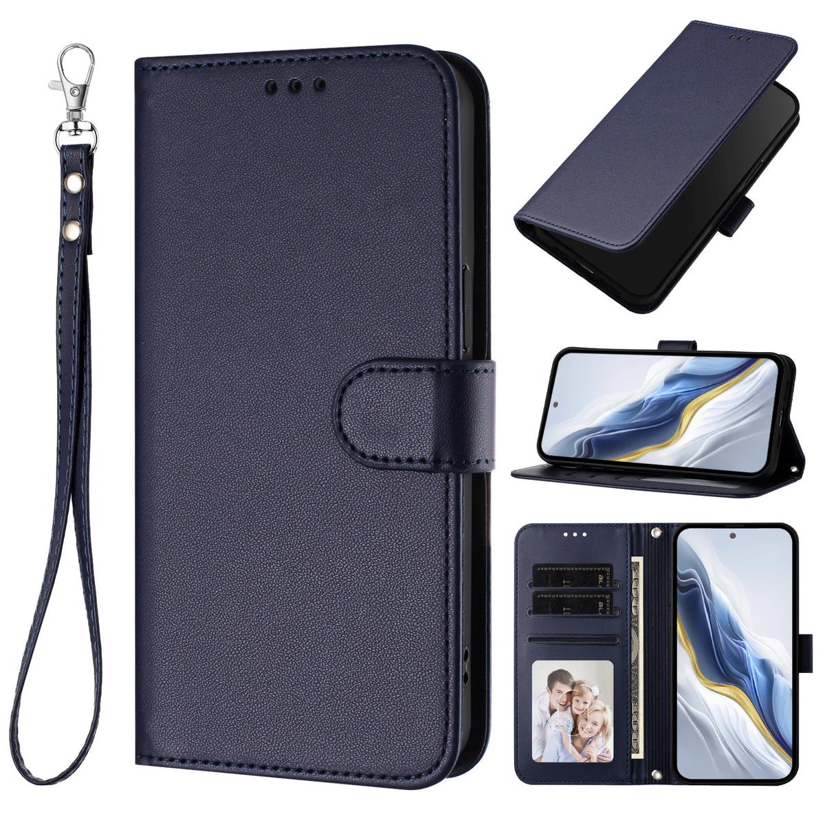 Solid Color Flip Wallet Leather Case For iPhone 17 13 14 15 16 12 Pro Max Air 16E 16 15 14 Plus 12 13 Mini Lanyard Back Cover