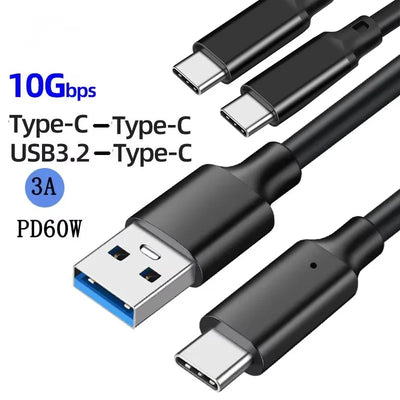 USB3.2 10Gbps Cable USB Type A to USB C 3.2 Gen2 Cable Data Transfer USB C SSD Hard Disk Cable 3A 60W QC 3.0 Fast Charging 1m 2m