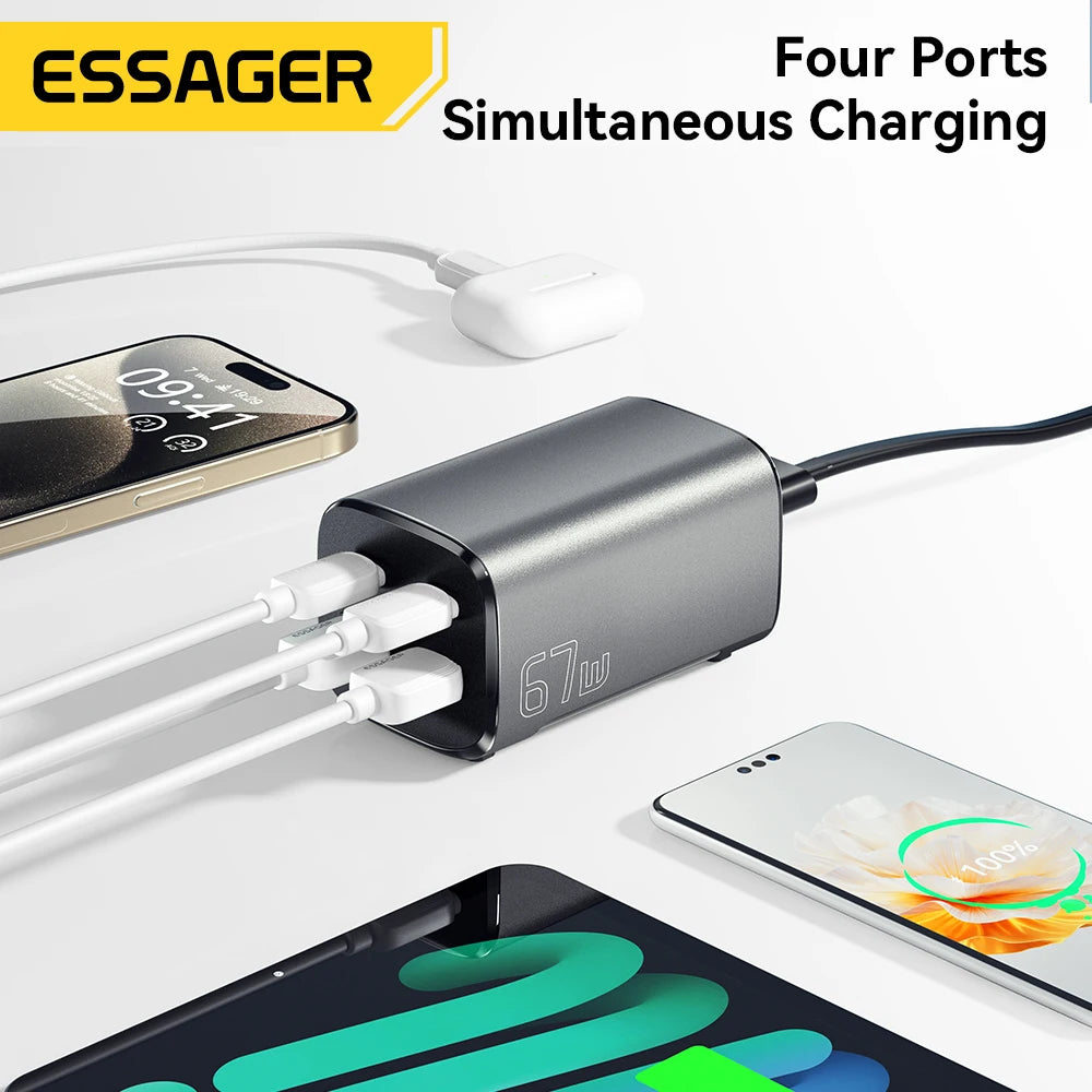 Essager 67W USB C GaN Charger Desktop Quick Charge 4.0 QC 3.0 PD Type C Fast Charging For MacBook Samsung POPC iPhone 15 Laptop