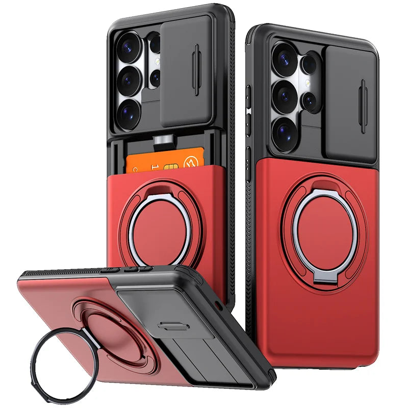 Slide Lens Card Slot Holder Cover Funda For Samsung Galaxy S22 S23 S26 Ultra S25 Plus S24 FE Case Armor Magnetic Holder Coque